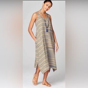 NWT J.Jill 100% Linen Sleeveless Striped Linen-Blend Dress in Beige and Navy